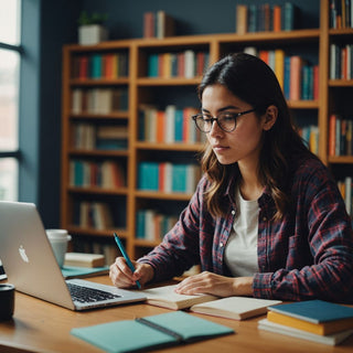 Estudiante trabajando en su tesis de investigación en escritorio.