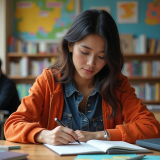 University student writing in a vibrant study setting.