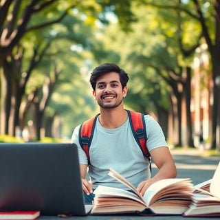 University student studying in a vibrant campus environment.