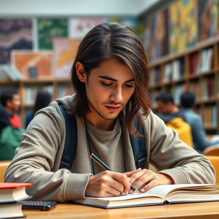 Estudiante universitario escribiendo en un entorno vibrante.