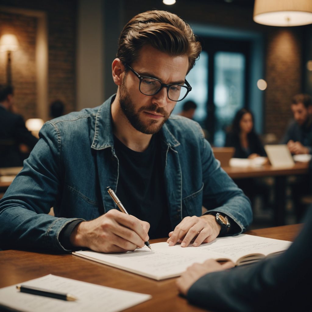 Focused individual writing research proposal with notes and laptop