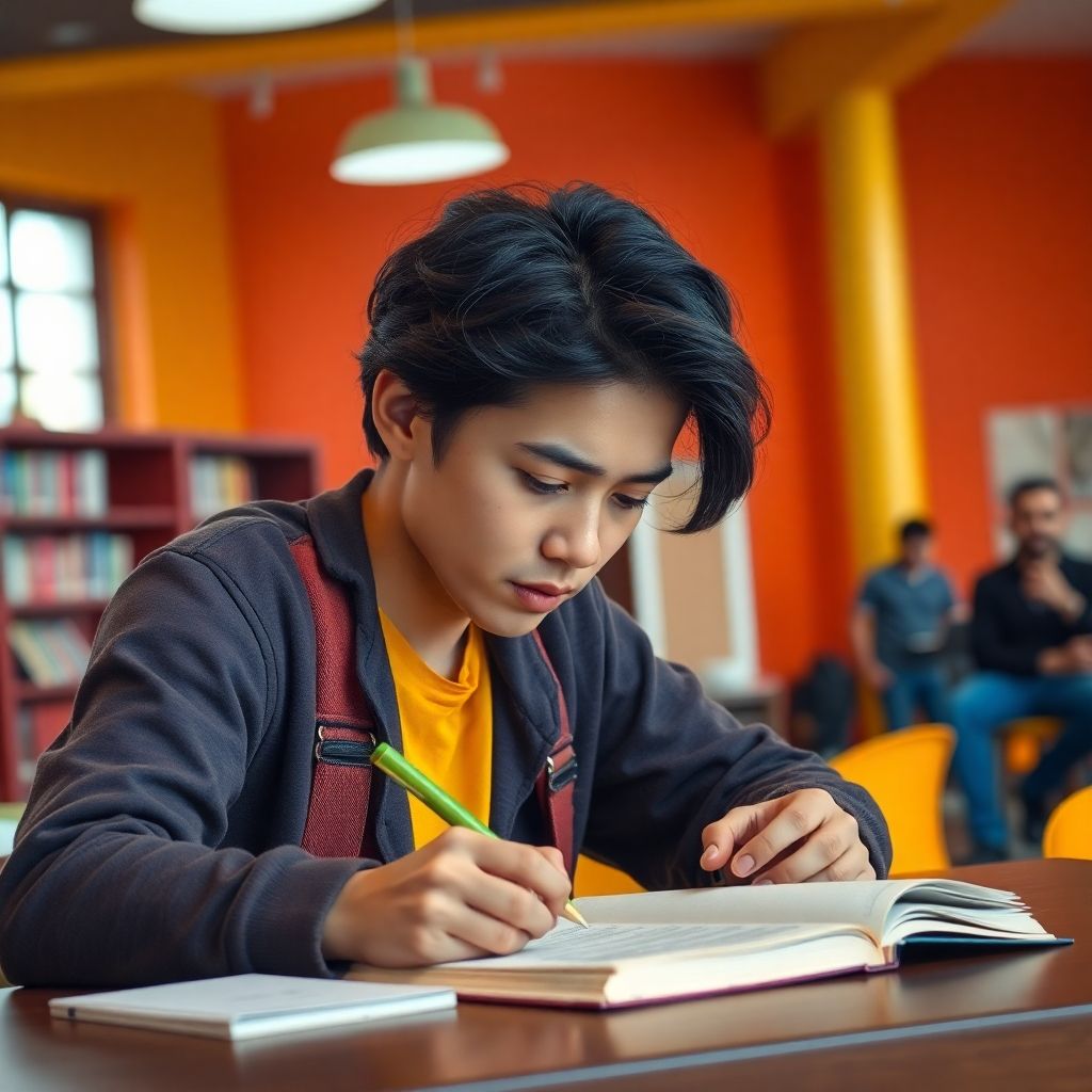 University student writing in a vibrant study environment.