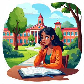 Estudiante estudiando economía en un entorno universitario colorido.