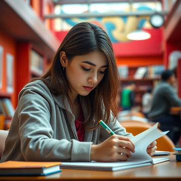 Mahasiswa menulis di lingkungan yang berwarna-warni.