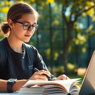 Estudante universitário em um ambiente de campus vibrante.