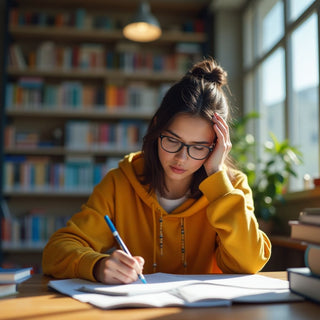 Realistic image of a student writing in a vibrant setting.