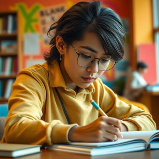 University student writing in a colorful study environment.