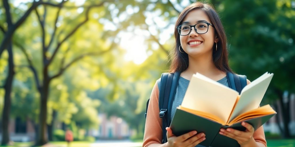 University student in a vibrant campus environment with books.