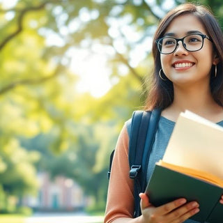 University student in a vibrant campus environment with books.