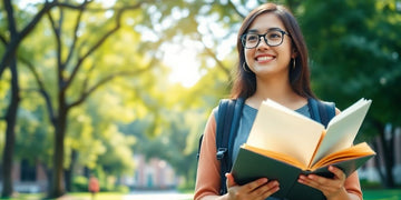 University student in a vibrant campus environment with books.