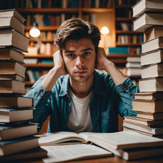 Student experiencing thesis burnout with books and papers.