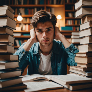 Student experiencing thesis burnout with books and papers.