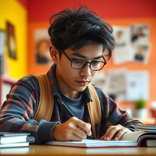 University student writing in a colorful study environment.