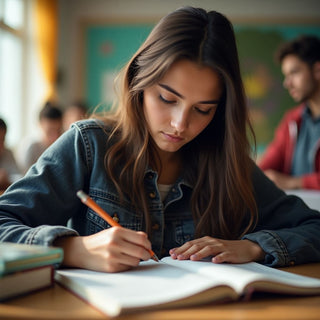 Estudiante universitario leyendo en un entorno colorido.