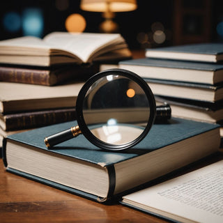 Magnifying glass over books and research papers