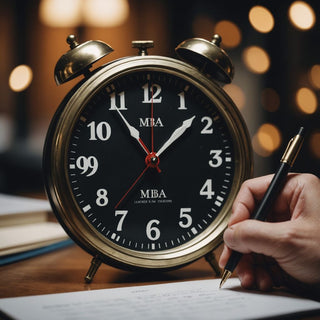 Student writing MBA thesis with clock showing one month