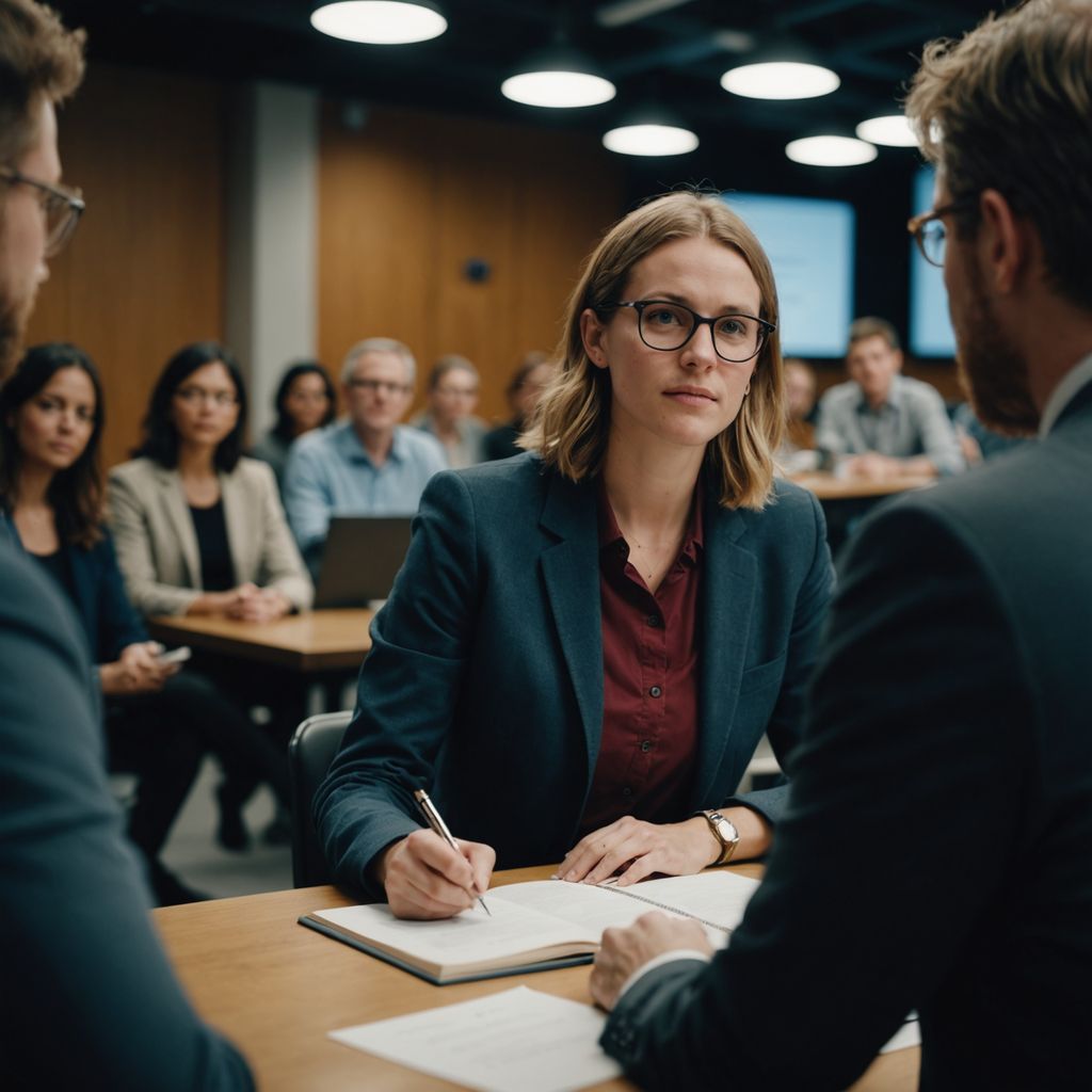 Student presenting thesis to professors in academic setting