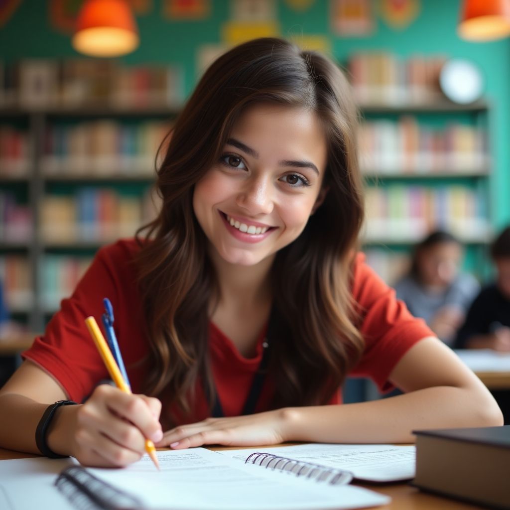 Estudante universitário escrevendo em um ambiente colorido.