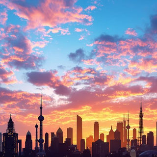 Diverse city skyline at sunset, representing global business.