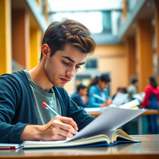 Estudiante universitario escribiendo en un ambiente vibrante.