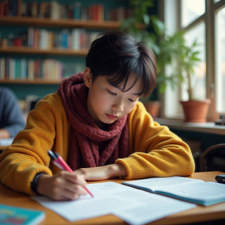 Estudiante universitario concentrado en escribir en su tesis.