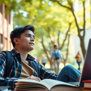 University student in a vibrant campus with books and laptop.