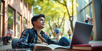 University student in a vibrant campus with books and laptop.