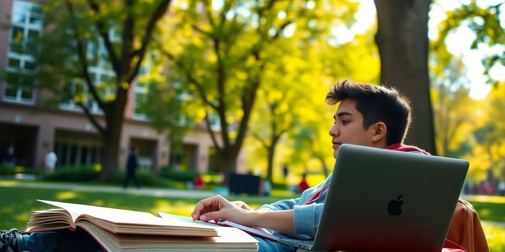 University student studying in a vibrant campus setting.