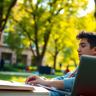 University student studying in a vibrant campus setting.