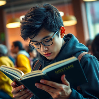 University student reading in a vibrant, colorful setting.