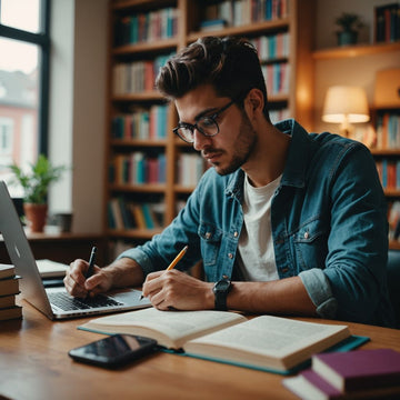 Estudiante trabajando en su tesis en un escritorio