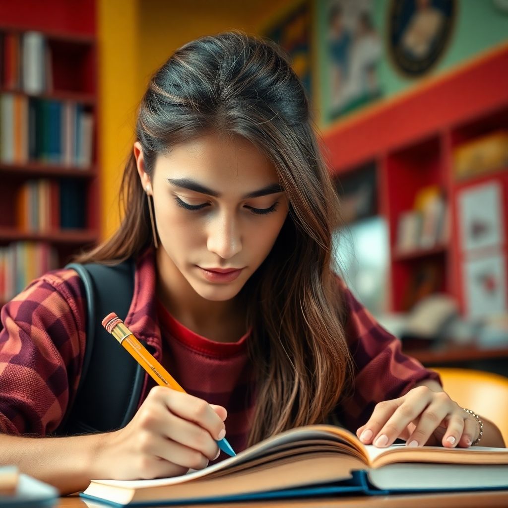 University student engaged in focused writing activity.