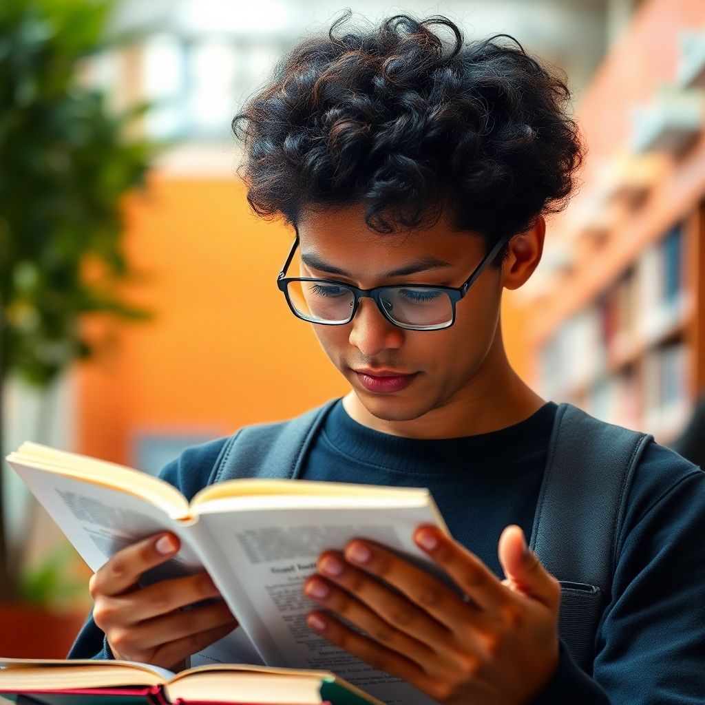 Estudante universitário lendo em um ambiente colorido.