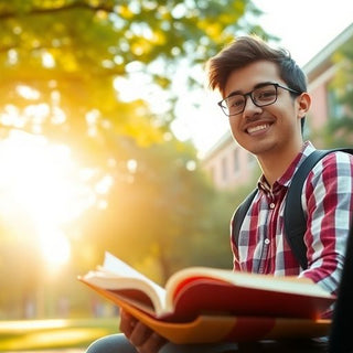 University student in vibrant campus with books and laptop.