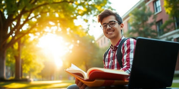 University student in vibrant campus with books and laptop.