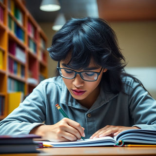 University student writing in a colorful study environment.