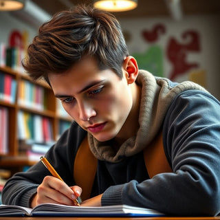 University student writing in a colorful study space.