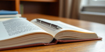 Open thesis book on desk with pen.