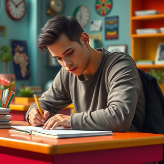 University student writing at a colorful study desk.