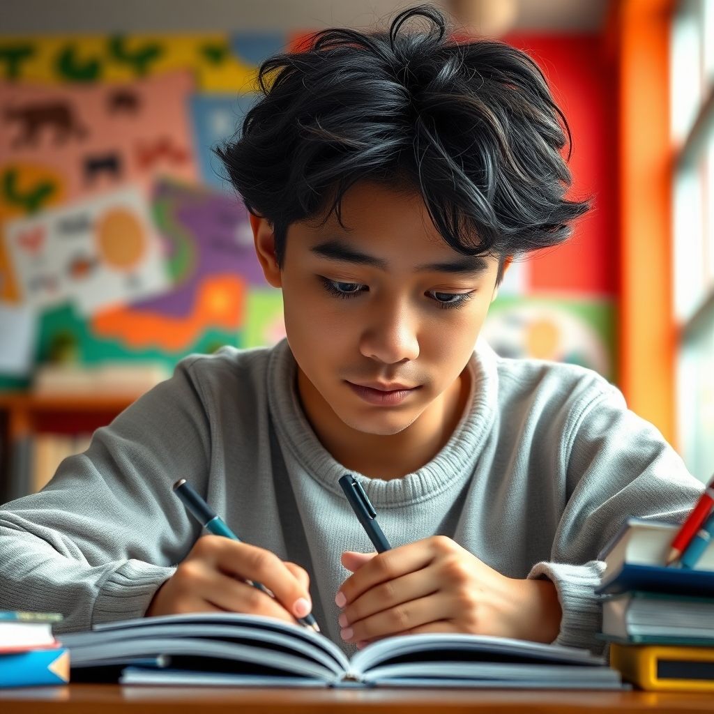 University student writing in a colorful study environment.