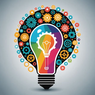 Colourful illustration of a light bulb with gears