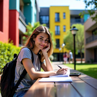 Student studying in a colorful Australian university setting.