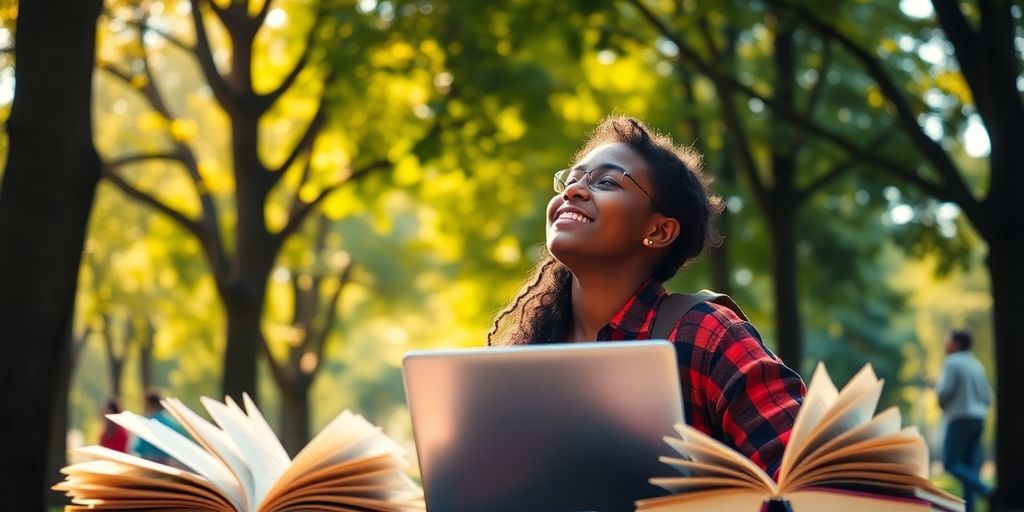 University student in a lively campus environment with books.