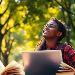 University student in a lively campus environment with books.