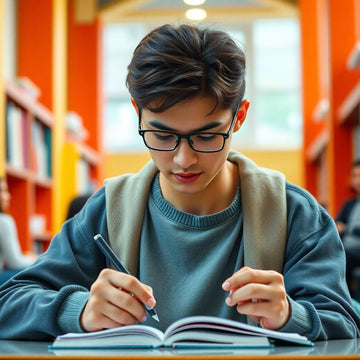 University student focused on writing or reading.