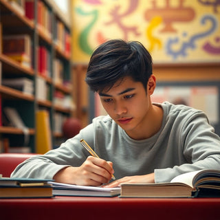 Estudante universitário escrevendo em um ambiente vibrante.