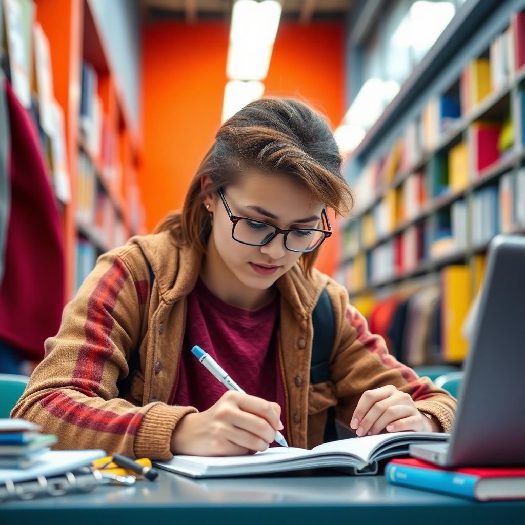 Estudante universitário escrevendo em um ambiente vibrante.