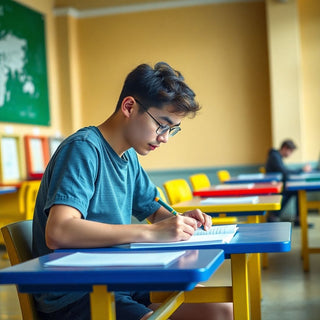 Estudante universitário escrevendo em um ambiente colorido.