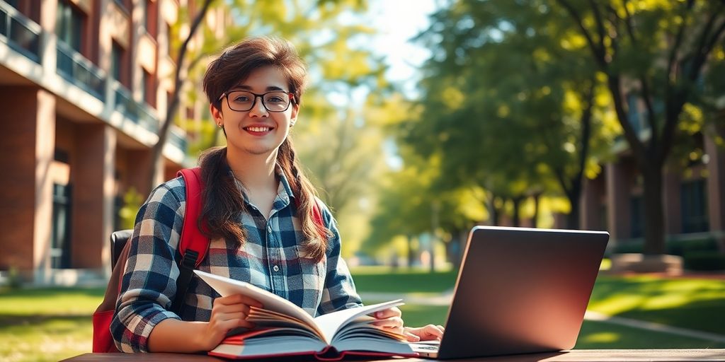 University student in vibrant campus environment with books and laptop.