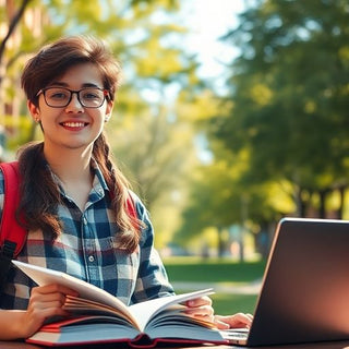 University student in vibrant campus environment with books and laptop.